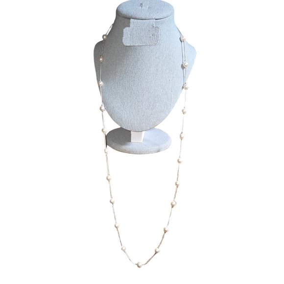 Roman RMN Signed 36" Fixed Faux Pearl Beaded Silver Tone Snake Chain Necklace - Picture 3 of 6